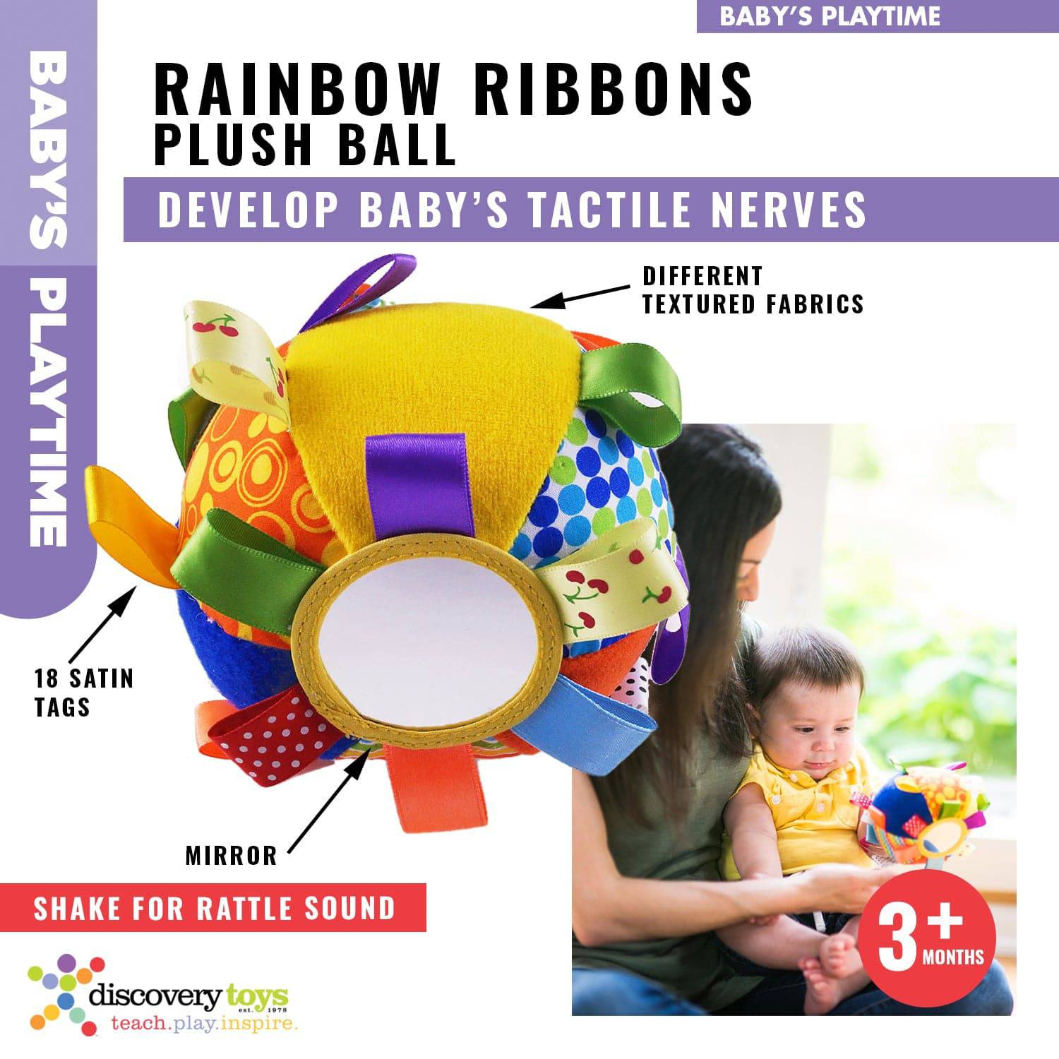 RAINBOW RIBBONS Plush Newborn Infant Sensory Toy Ball - Discovery Toys
